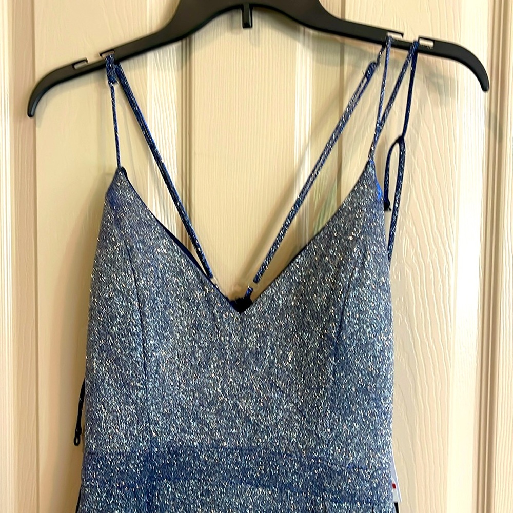 Original with tags metallic silver/ blue prom dress